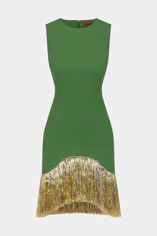 Bowie Fringe Mini Dress In Spruce Green