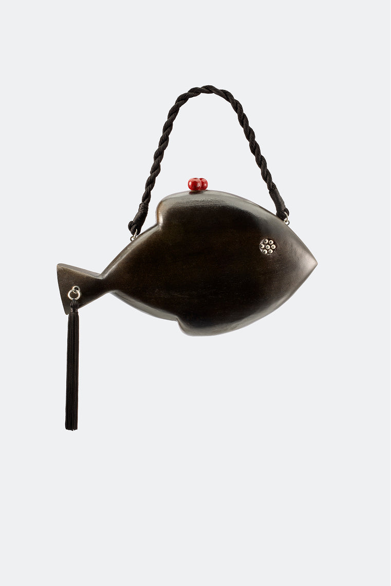 Carved Wooden Fish Clutch In Black/Red