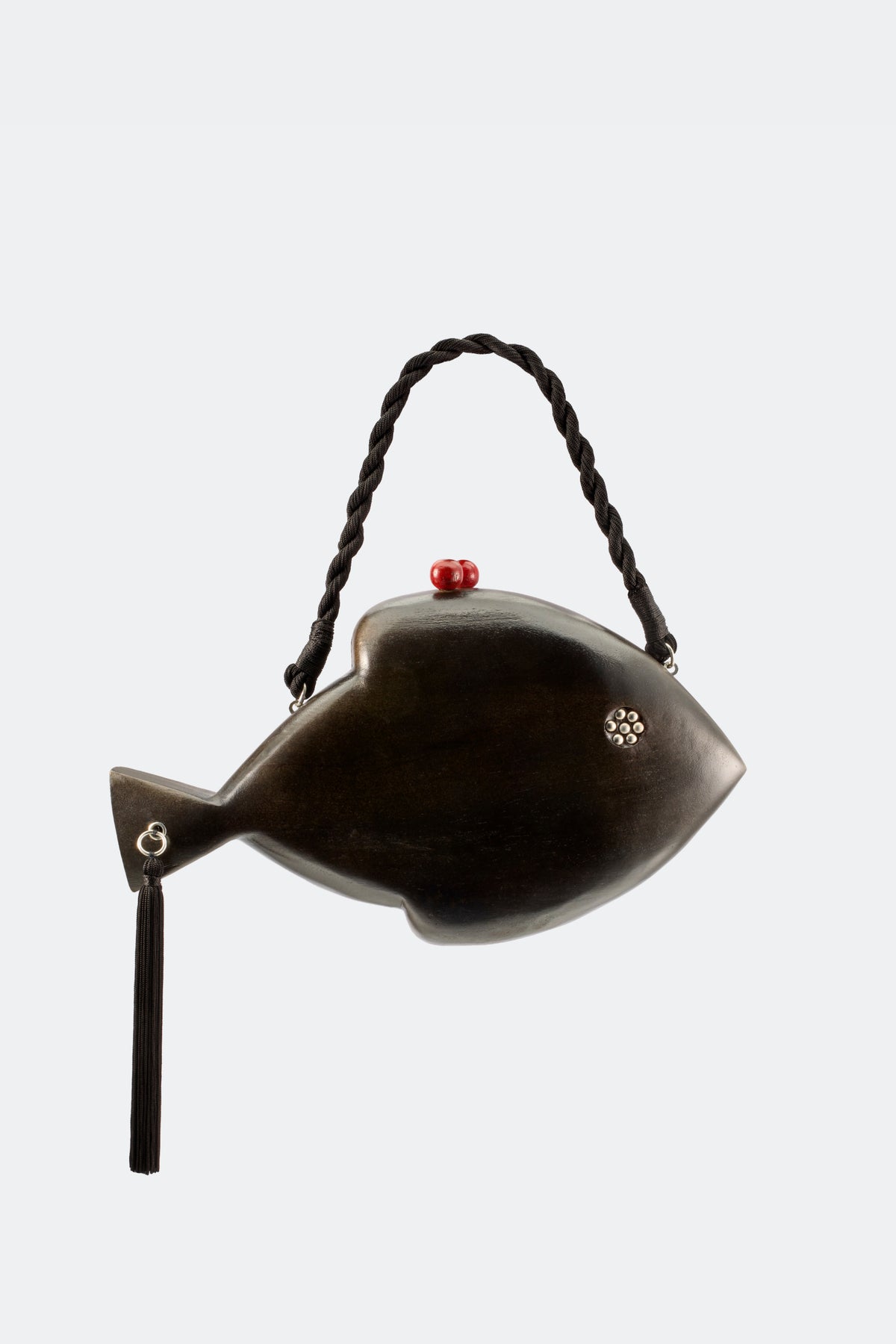 Carved Wooden Fish Clutch In Black/Red