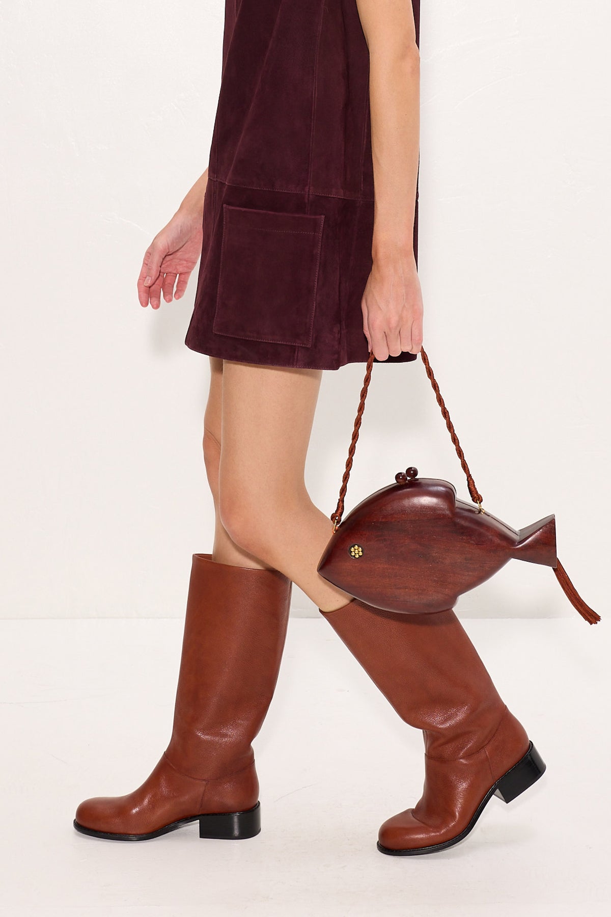 Carved Wooden Fish Clutch in Mahogany Brown