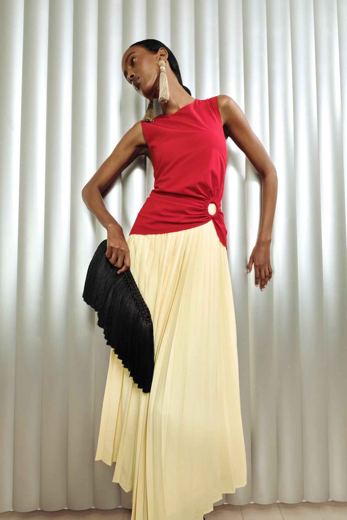 Cori Pleated Dress In Butter/Classic Red Combo