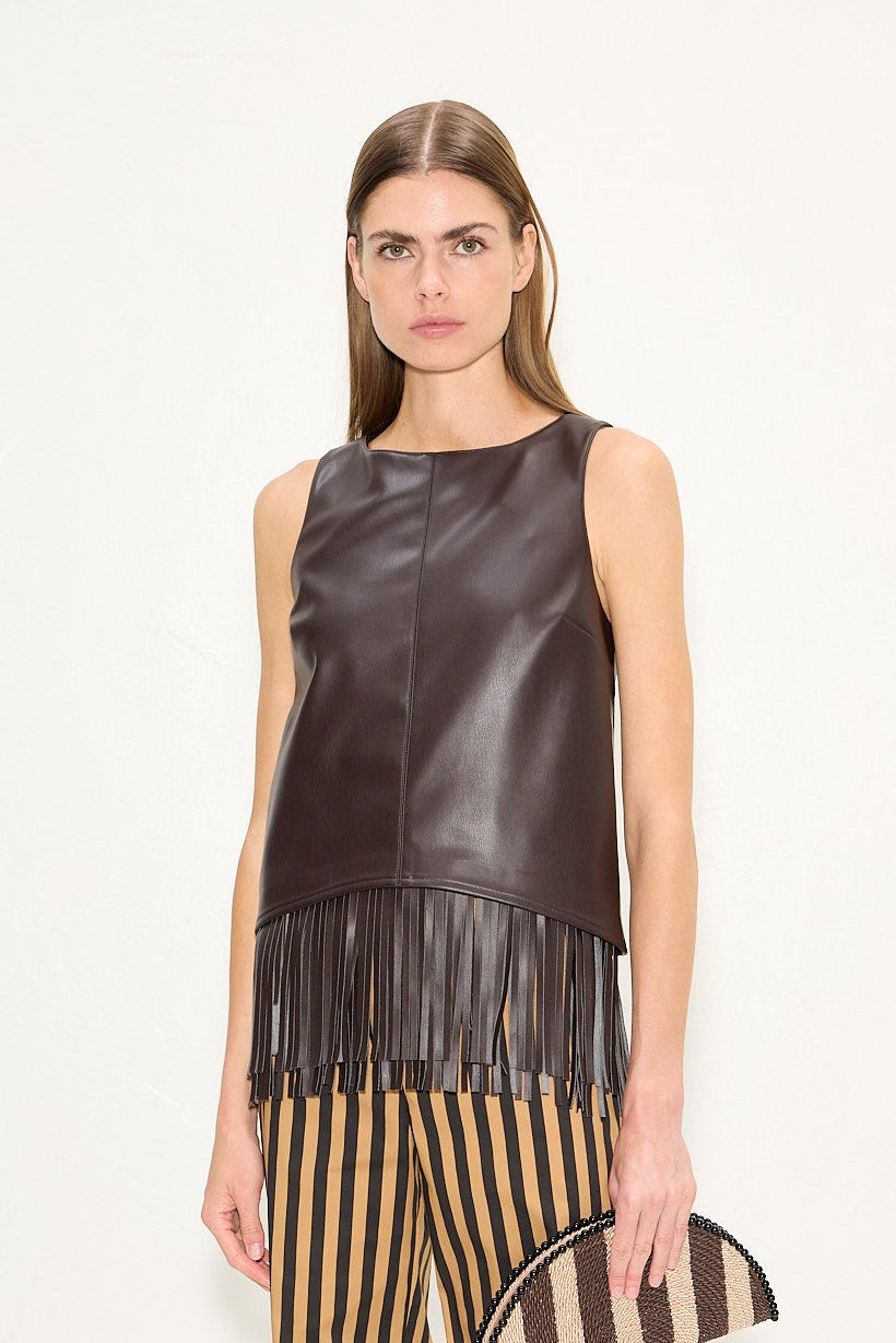 Nora Vegan Leather Fringe Top In Dark Choco Brown