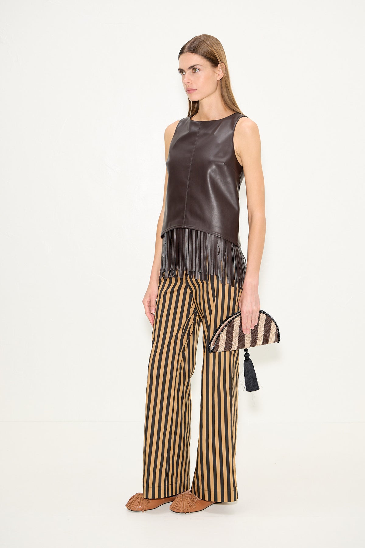 Nora Vegan Leather Fringe Top In Dark Choco Brown