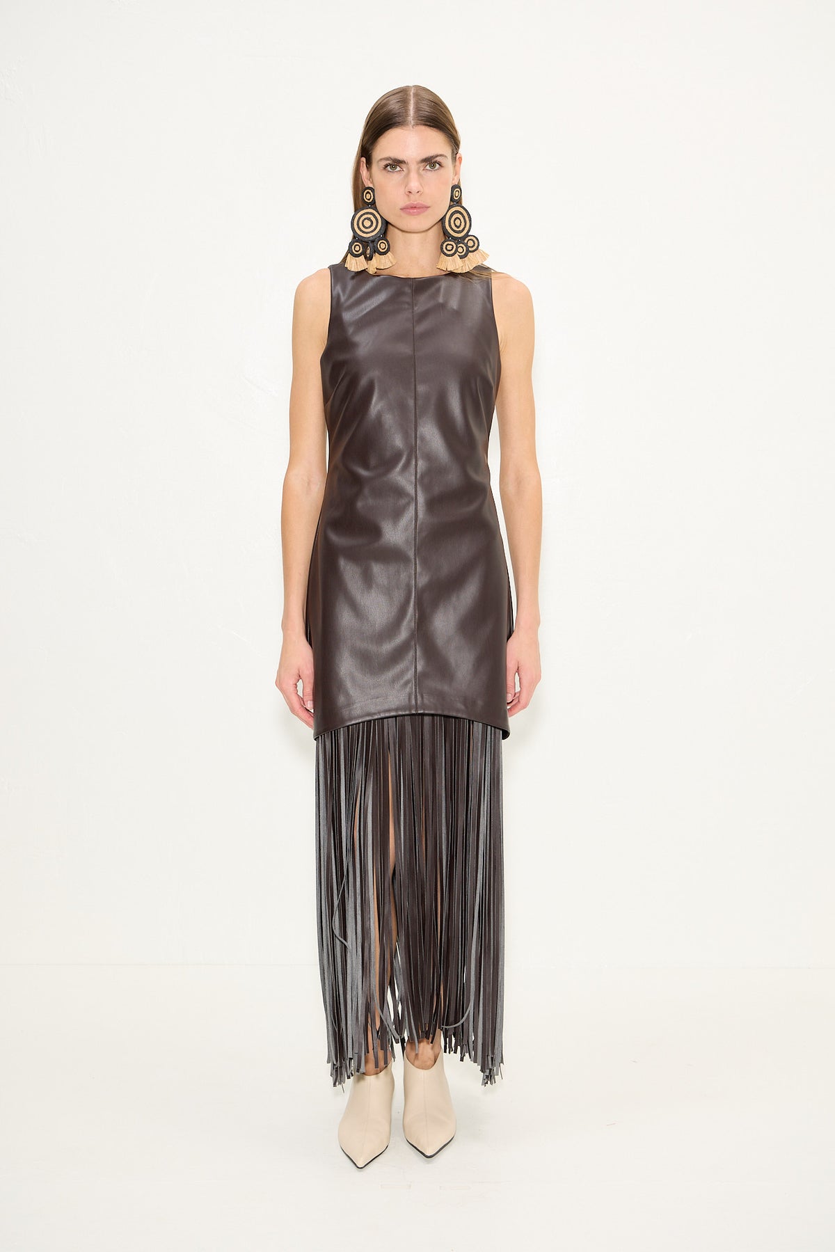 Nora Vegan Leather Fringe Dress In Dark Choco Brown
