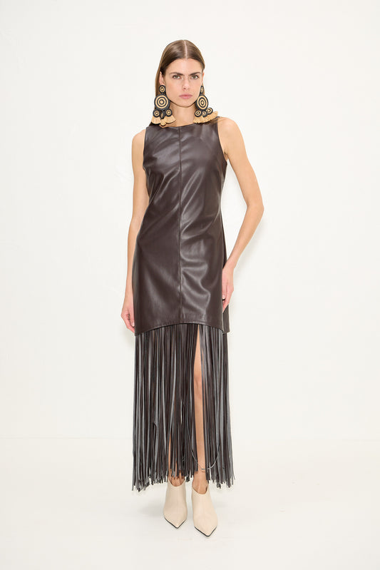 Nora Vegan Leather Fringe Dress In Dark Choco Brown