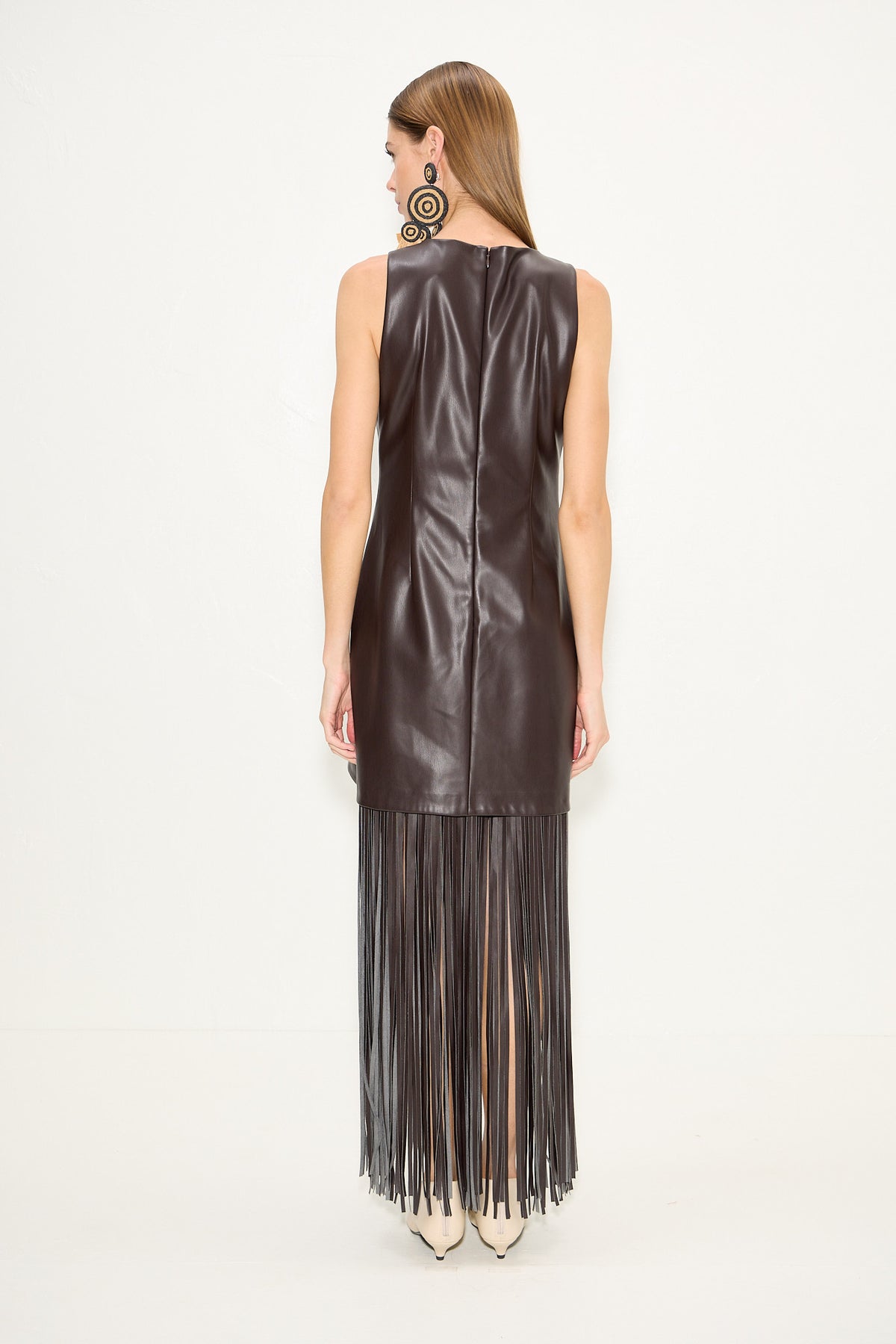 Nora Vegan Leather Fringe Dress In Dark Choco Brown