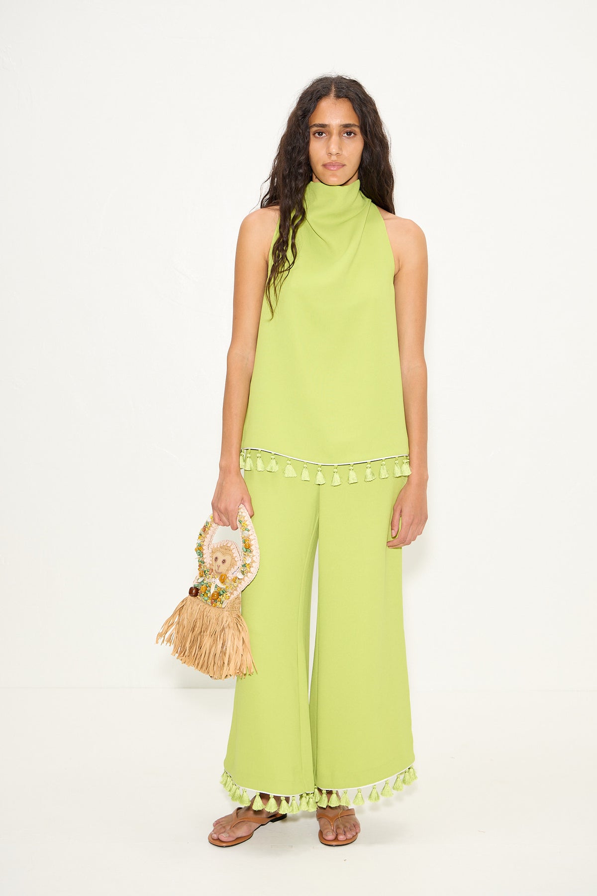 Nella Tassel Wide Leg Pant In Chartreuse/Macadamia