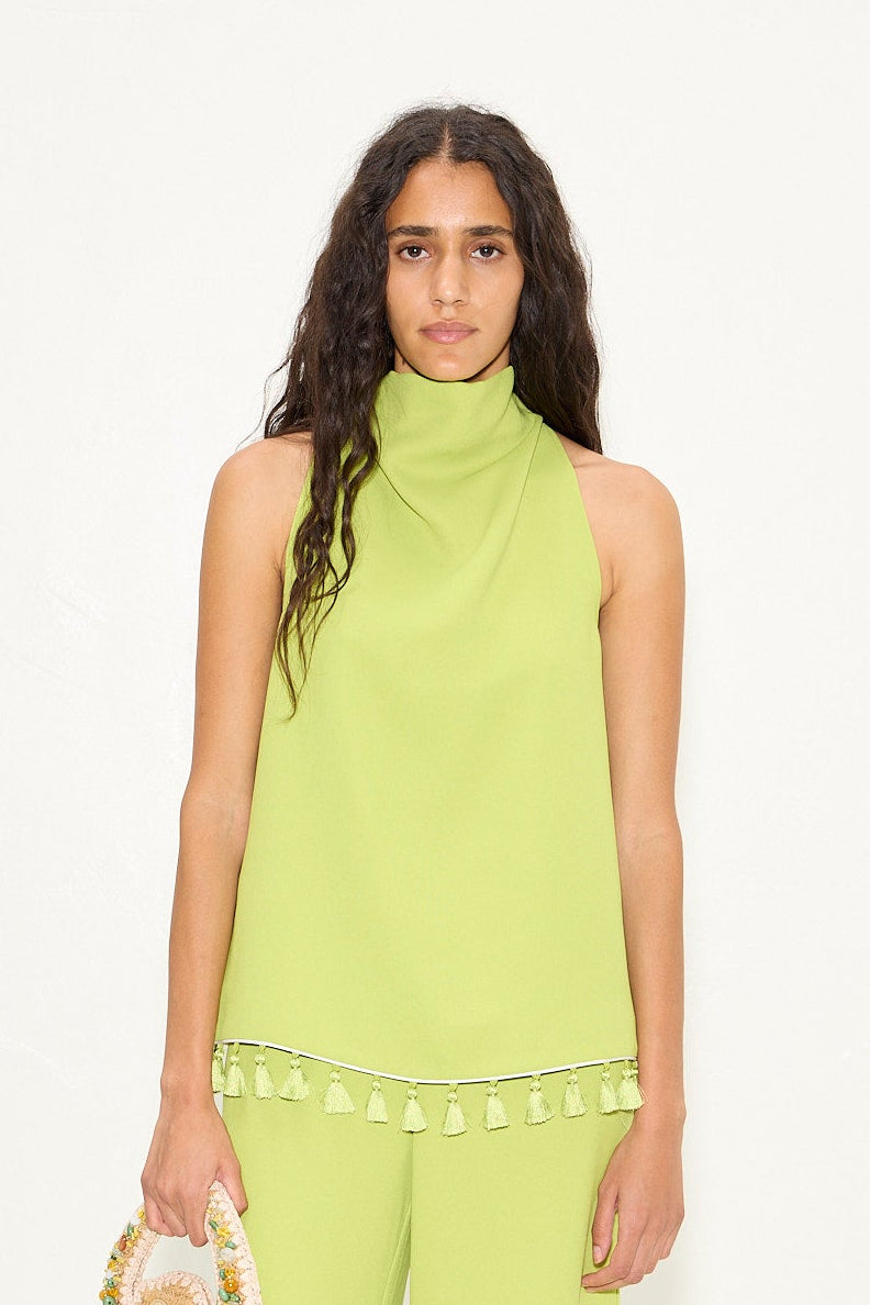 Tia Crepe Tassel Top In Chartreuse/Macadamia