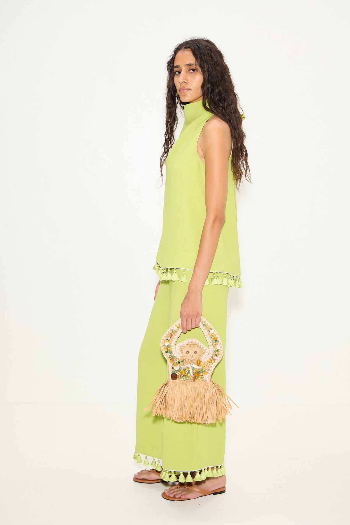Tia Crepe Tassel Top In Chartreuse/Macadamia