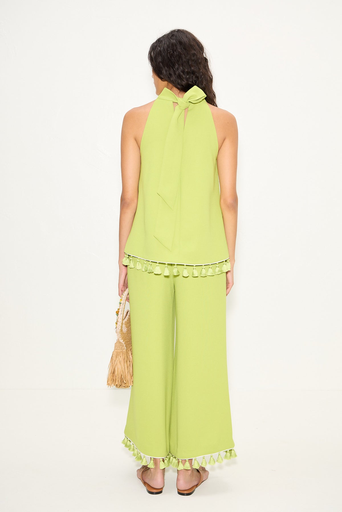 Nella Tassel Wide Leg Pant In Chartreuse/Macadamia
