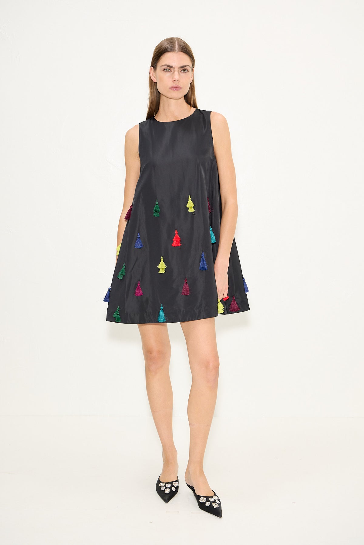 Gianna Taffeta Tassel Mini Dress In Black Multi