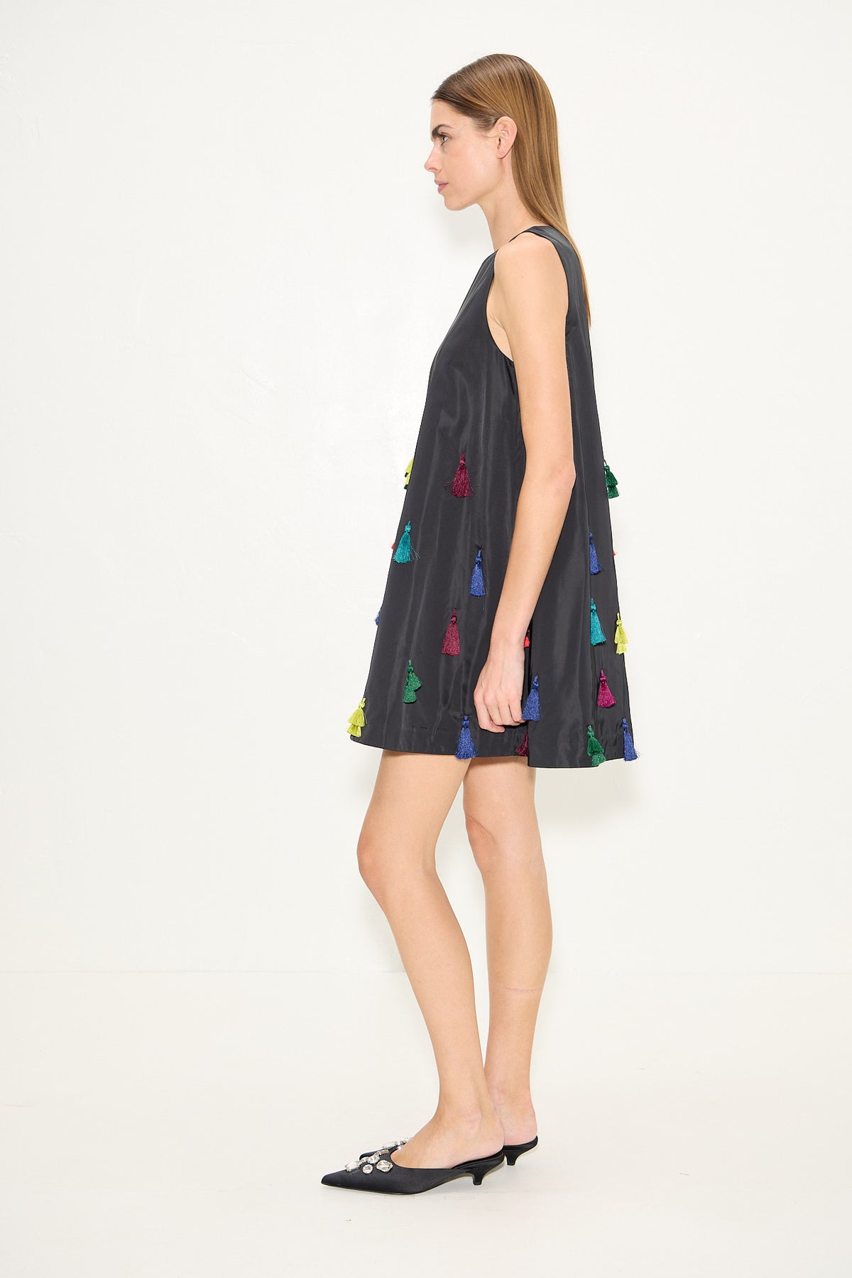 Gianna Taffeta Tassel Mini Dress In Black Multi