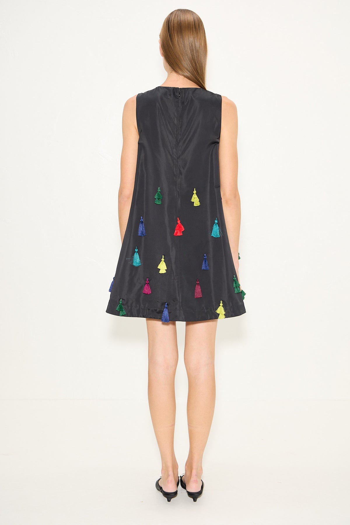 Gianna Taffeta Tassel Mini Dress In Black Multi