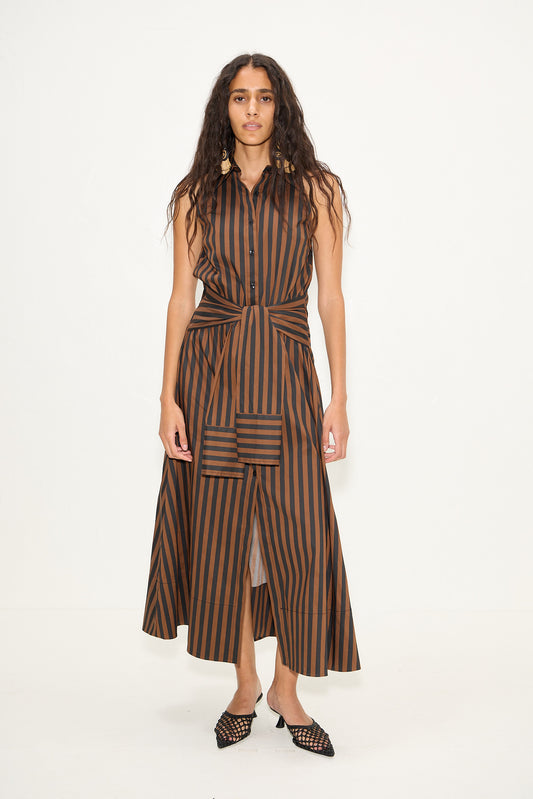 Inna Sleeveless Poplin Dress In Black/Choco Brown Stripe