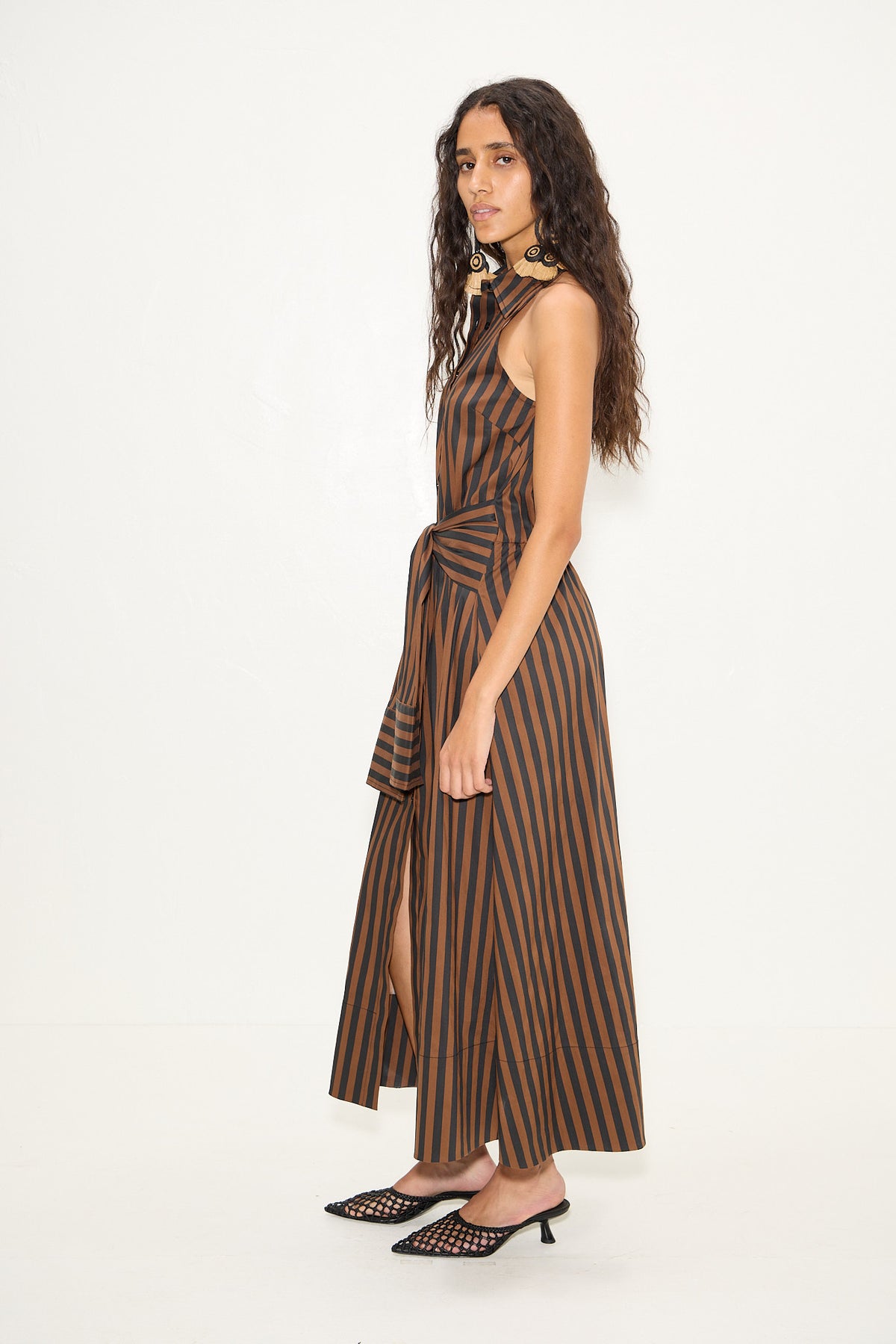 Inna Sleeveless Poplin Dress In Black/Choco Brown Stripe