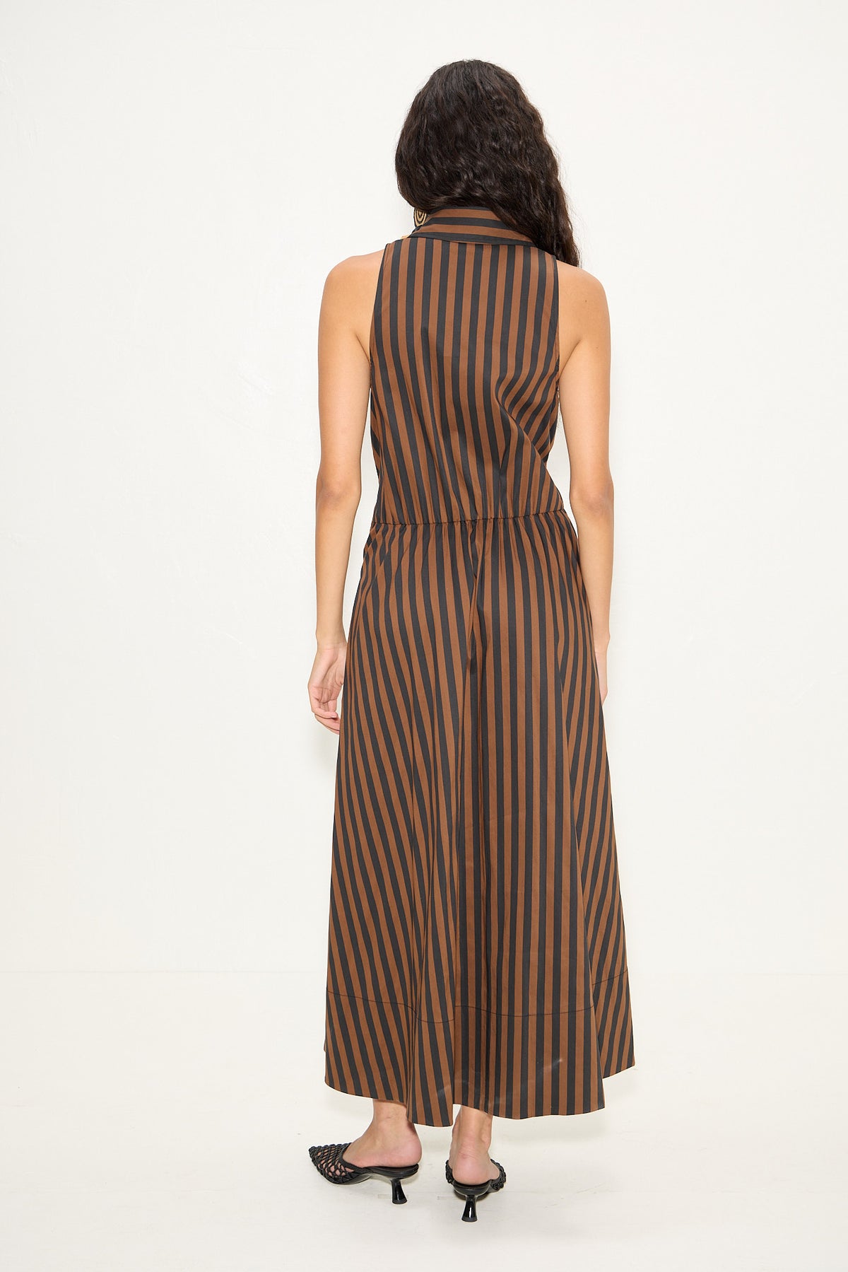 Inna Sleeveless Poplin Dress In Black/Choco Brown Stripe