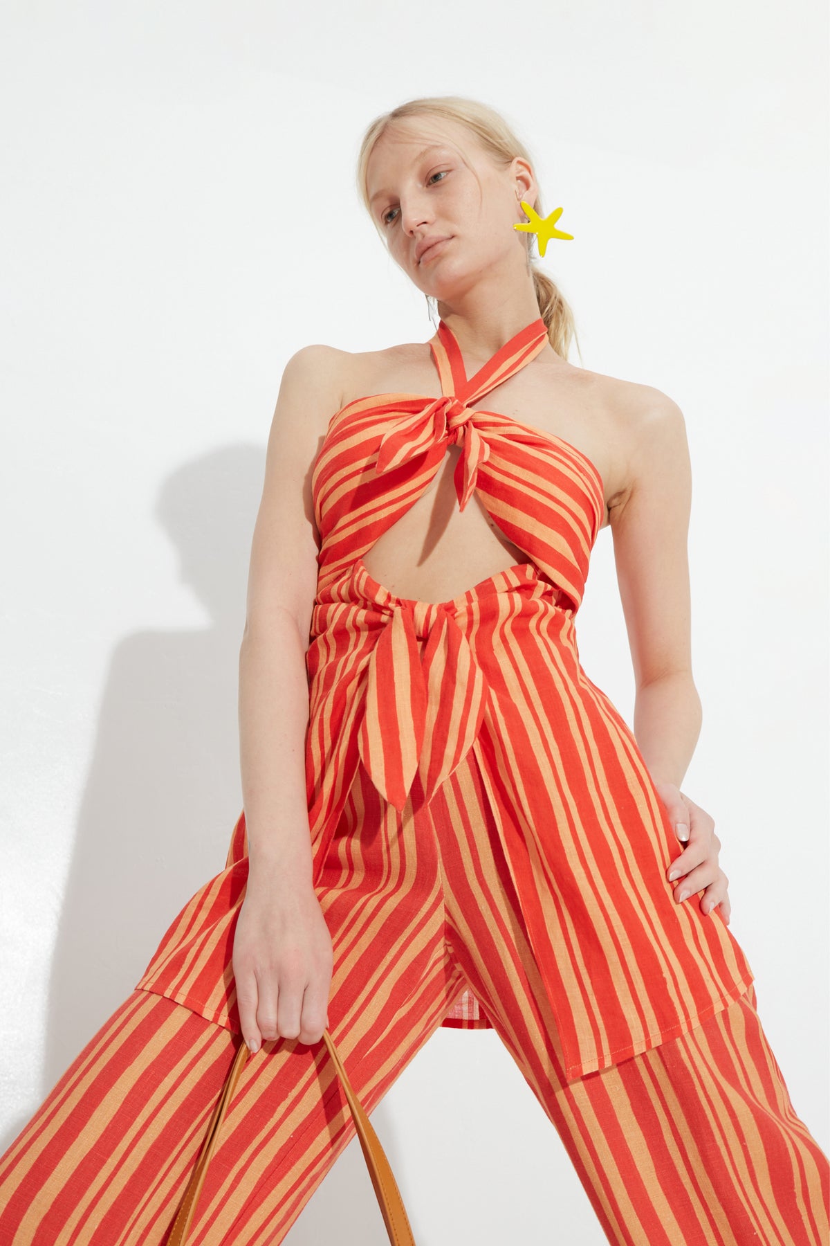 Lure Linen Top In Retro Red Orange Stripe