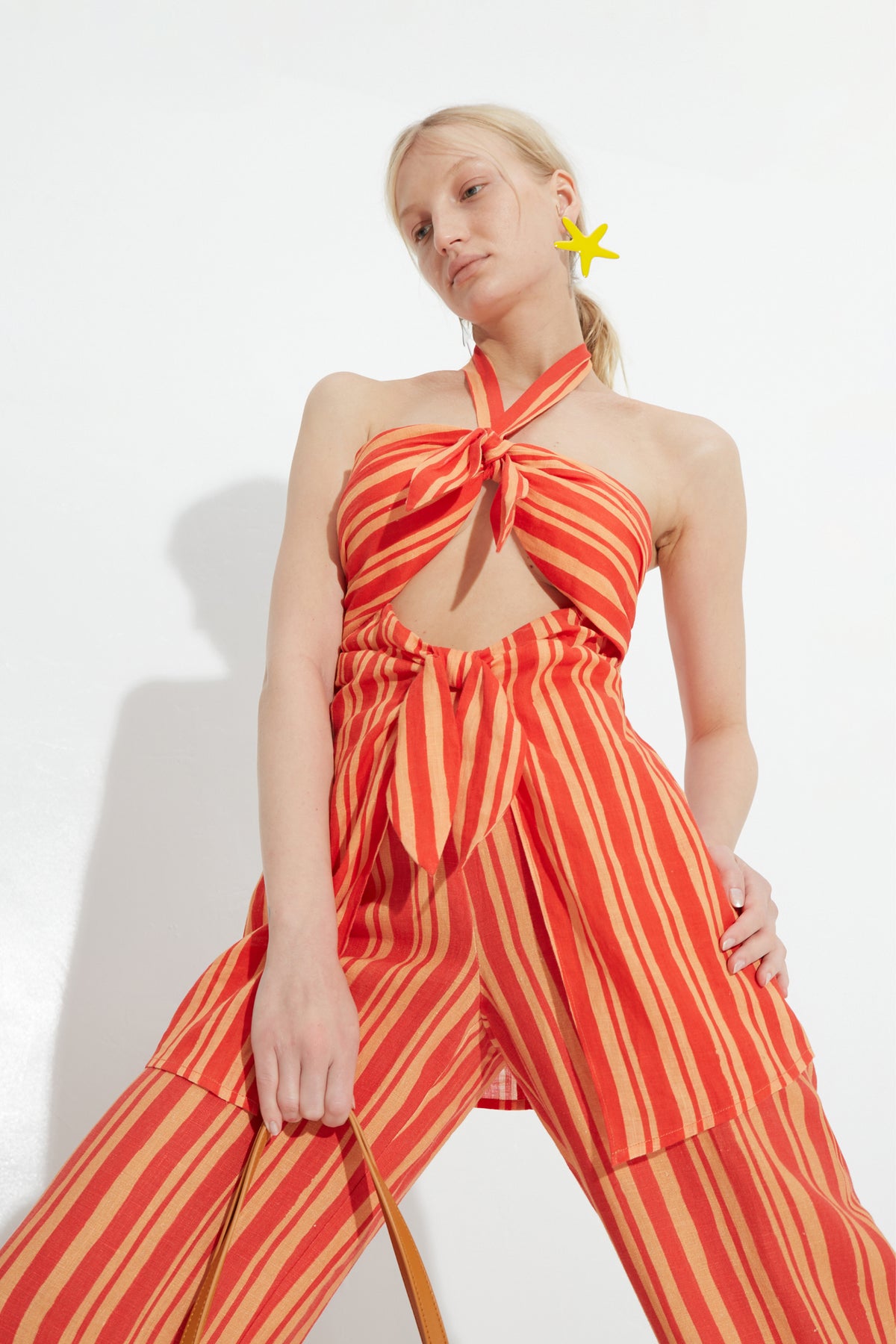 Lure Linen Top In Retro Red Orange Stripe