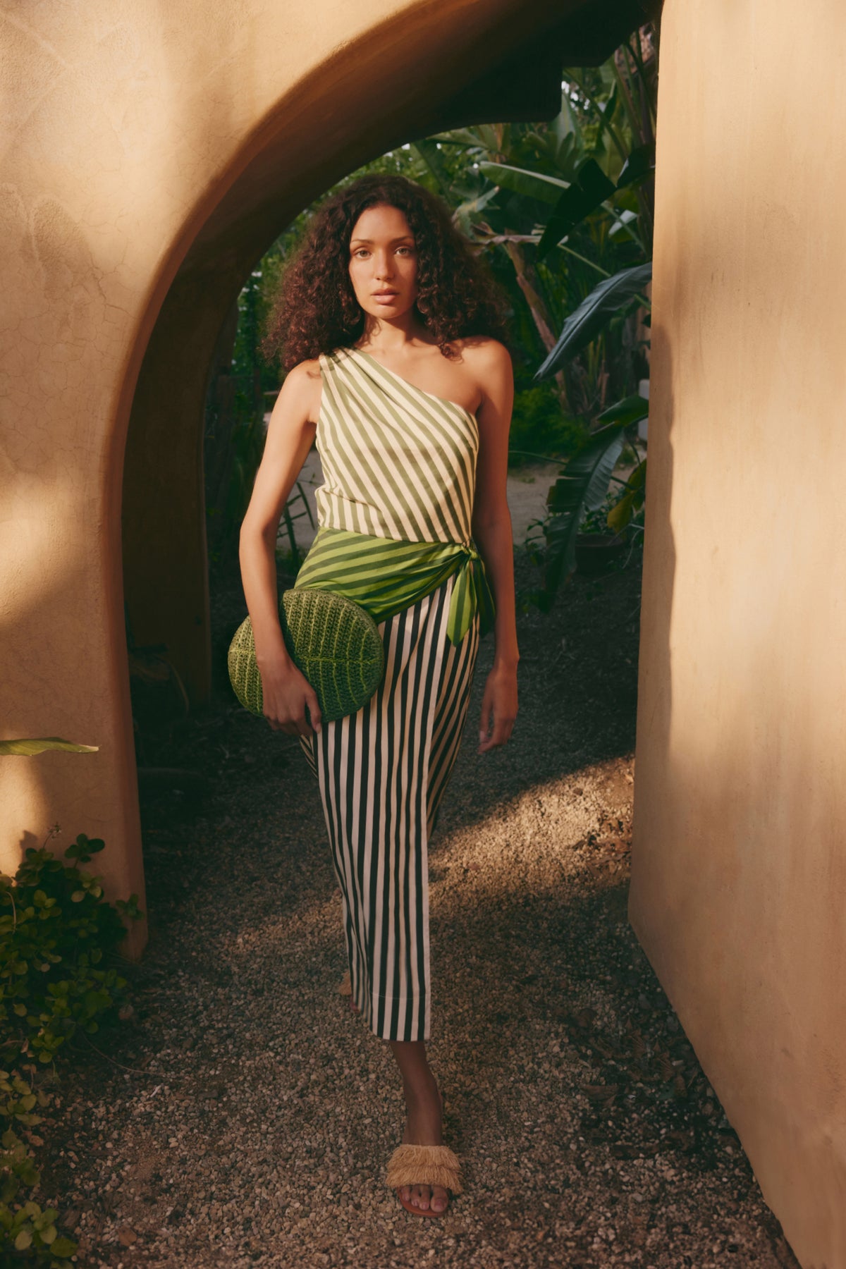 Belem Poplin Midi Dress in Green Multi Stripe Combo