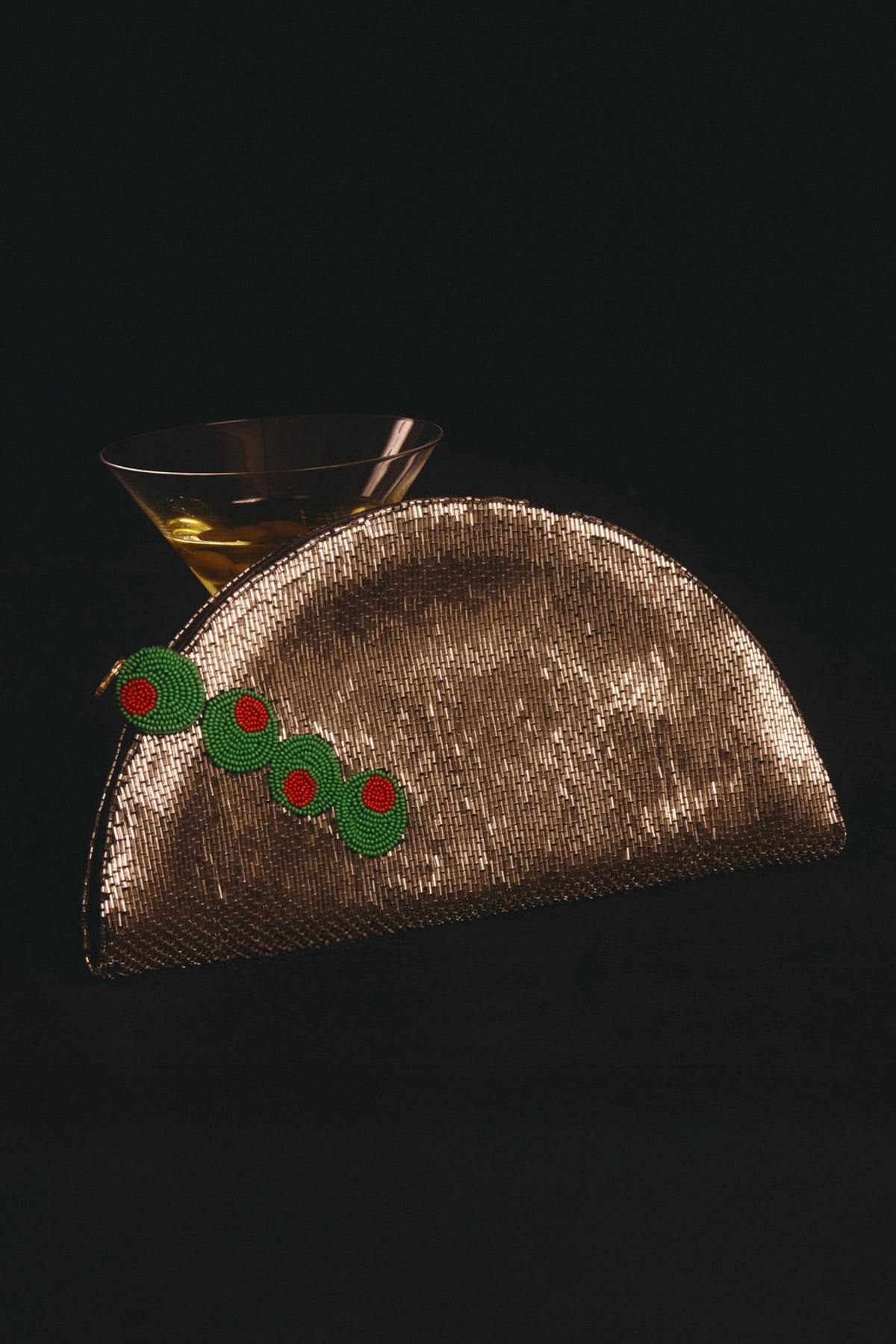 Beaded Martini Clutch In Silver/Olive Motif