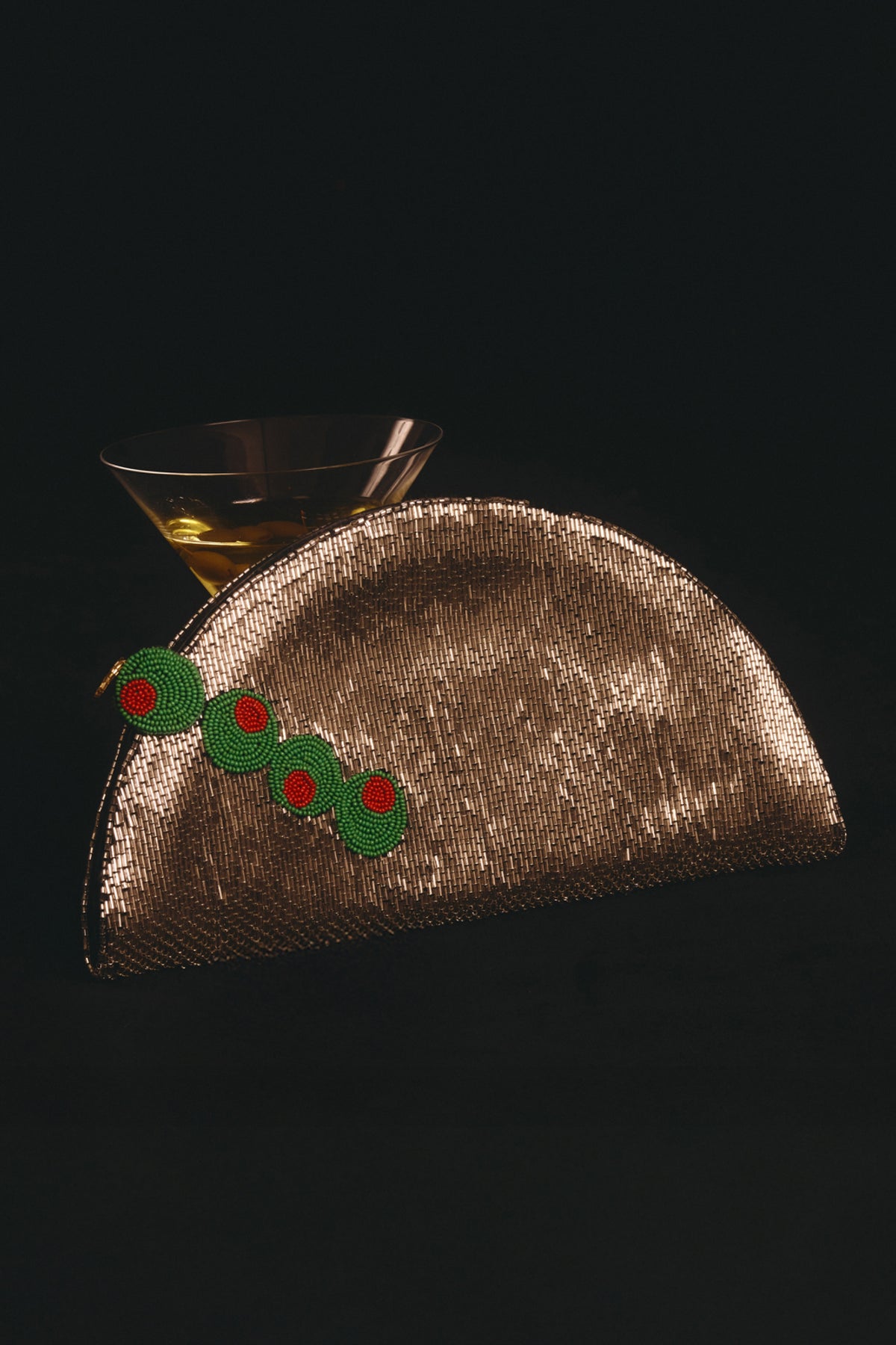 Beaded Martini Clutch In Silver/Olive Motif