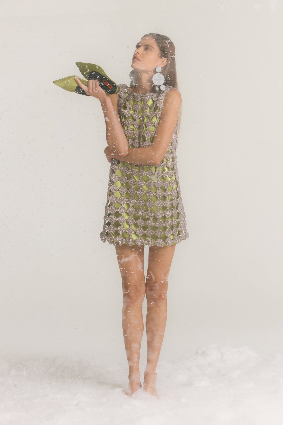Sina Crochet Mini Dress In Moss/Satellite Silver