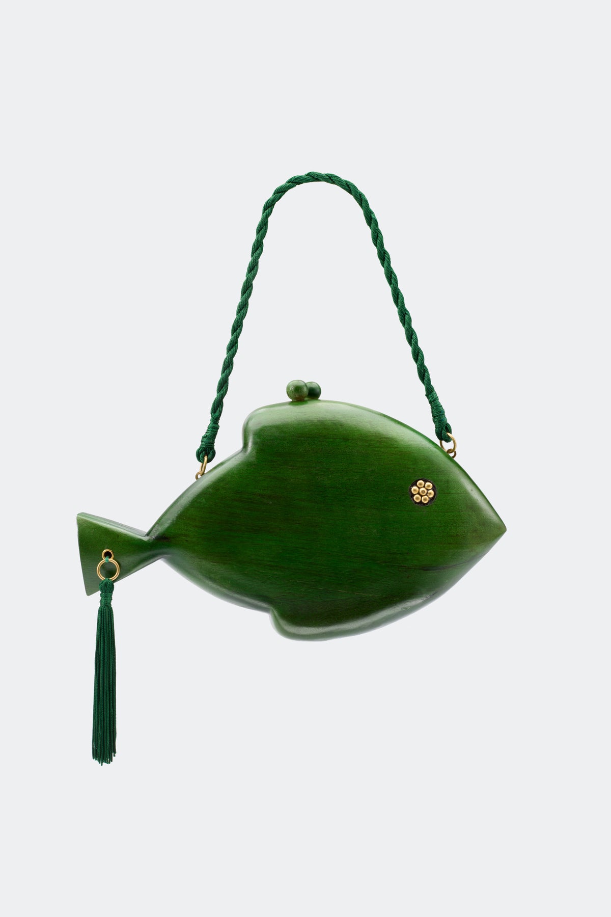Carved Wooden Fish Clutch in Gummy Green