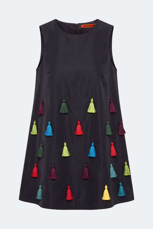 Gianna Taffeta Tassel Mini Dress In Black Multi