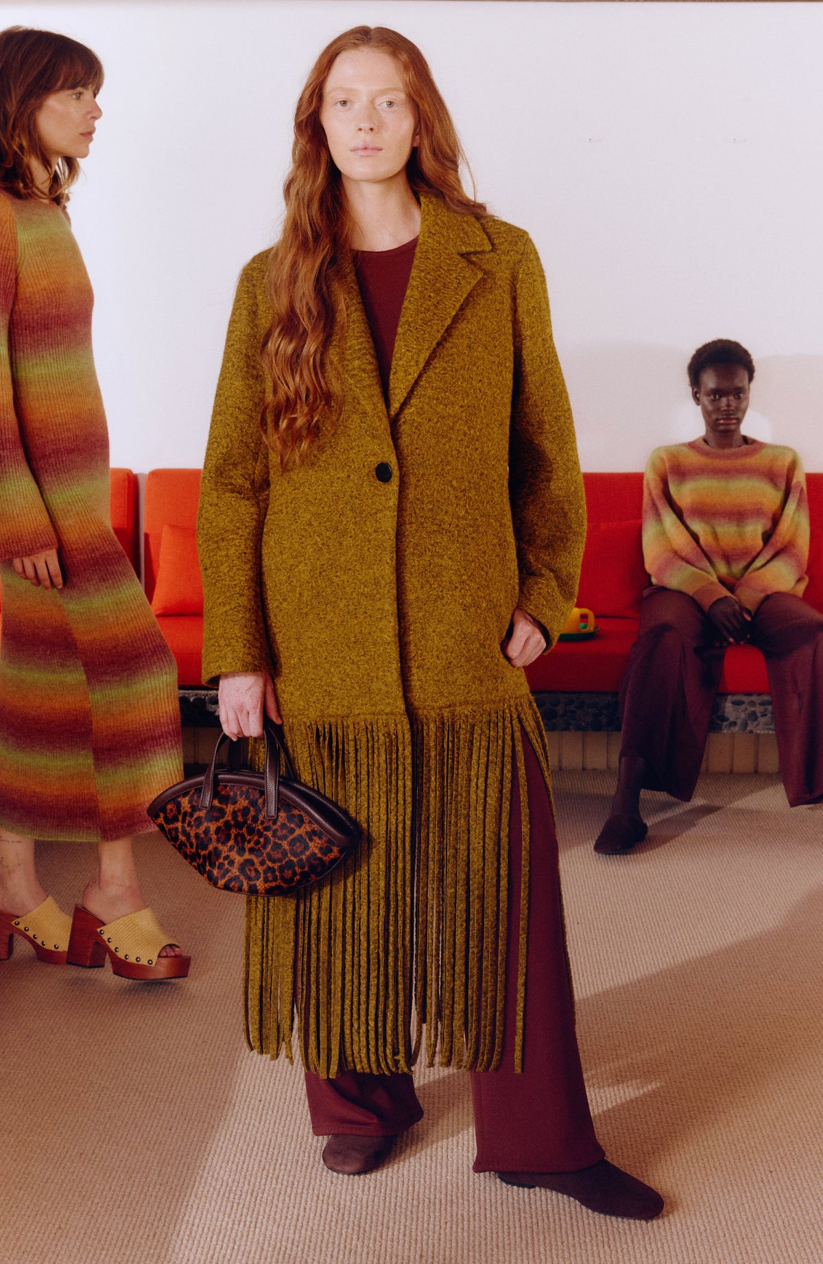 Vero Fringe Coat In Mustard Melange