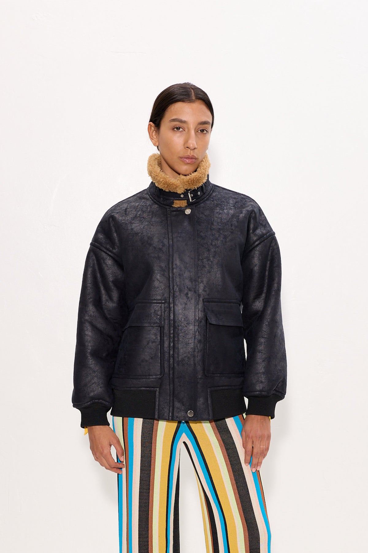 Halle Faux Shearling Bomber Jacket In Black