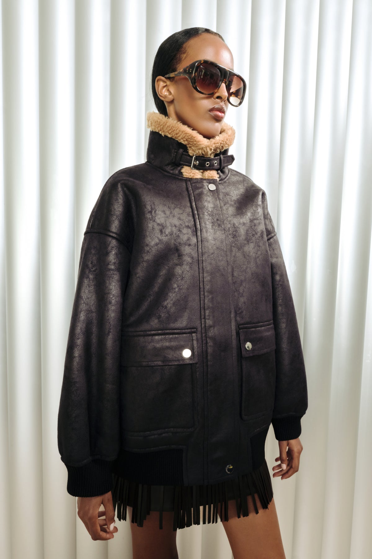 Halle Faux Shearling Bomber Jacket In Black