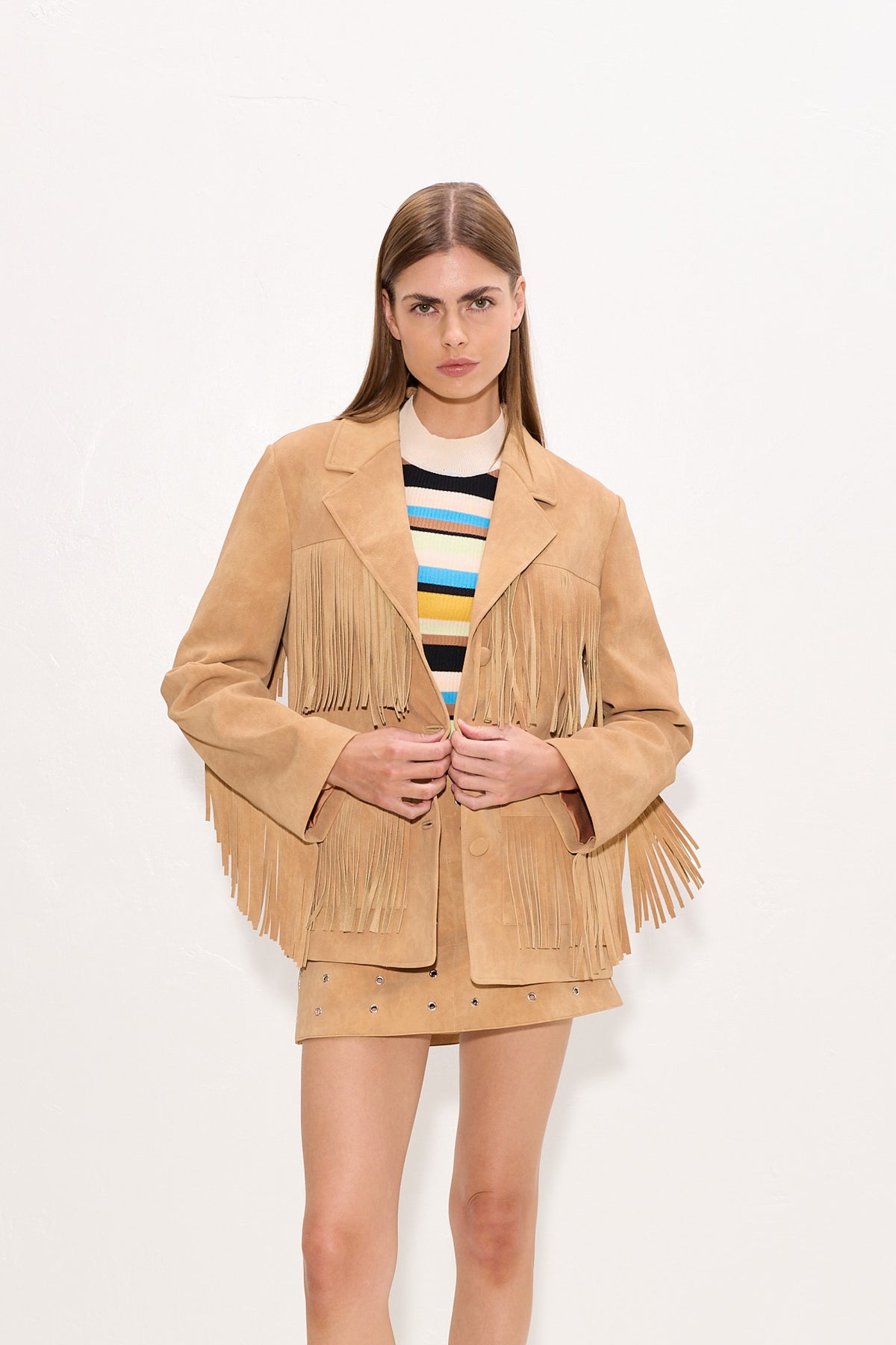 Mabel Vegan Leather Fringe Jacket In Sand