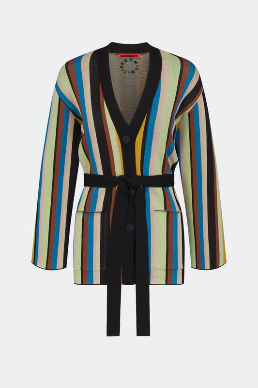 Max Belted Knit Cardigan In Ocean Stripe