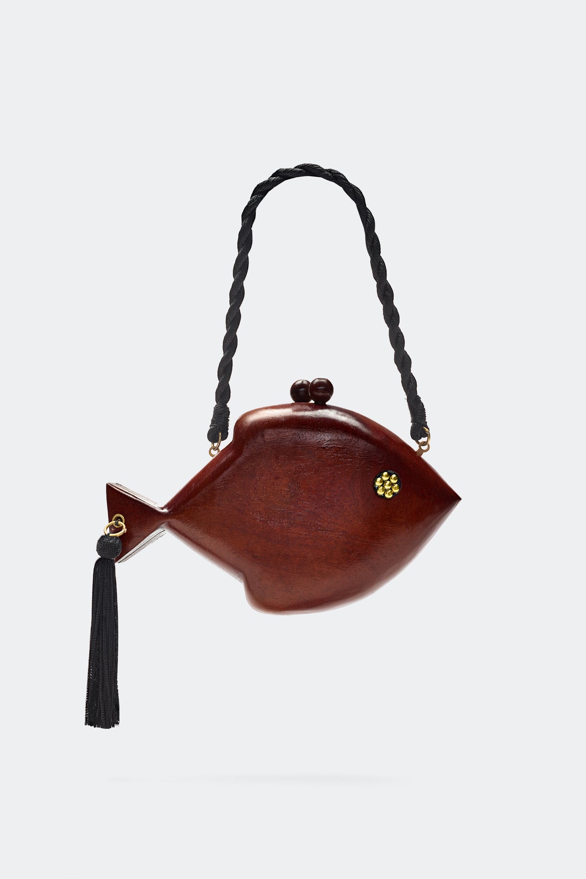 Mini Carved Fish Bag In Mahogany Brown
