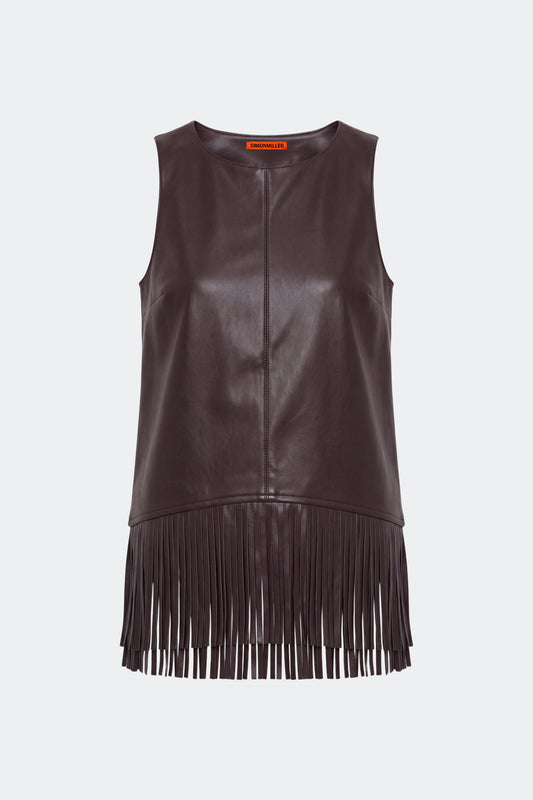 Nora Vegan Leather Fringe Top In Dark Choco Brown
