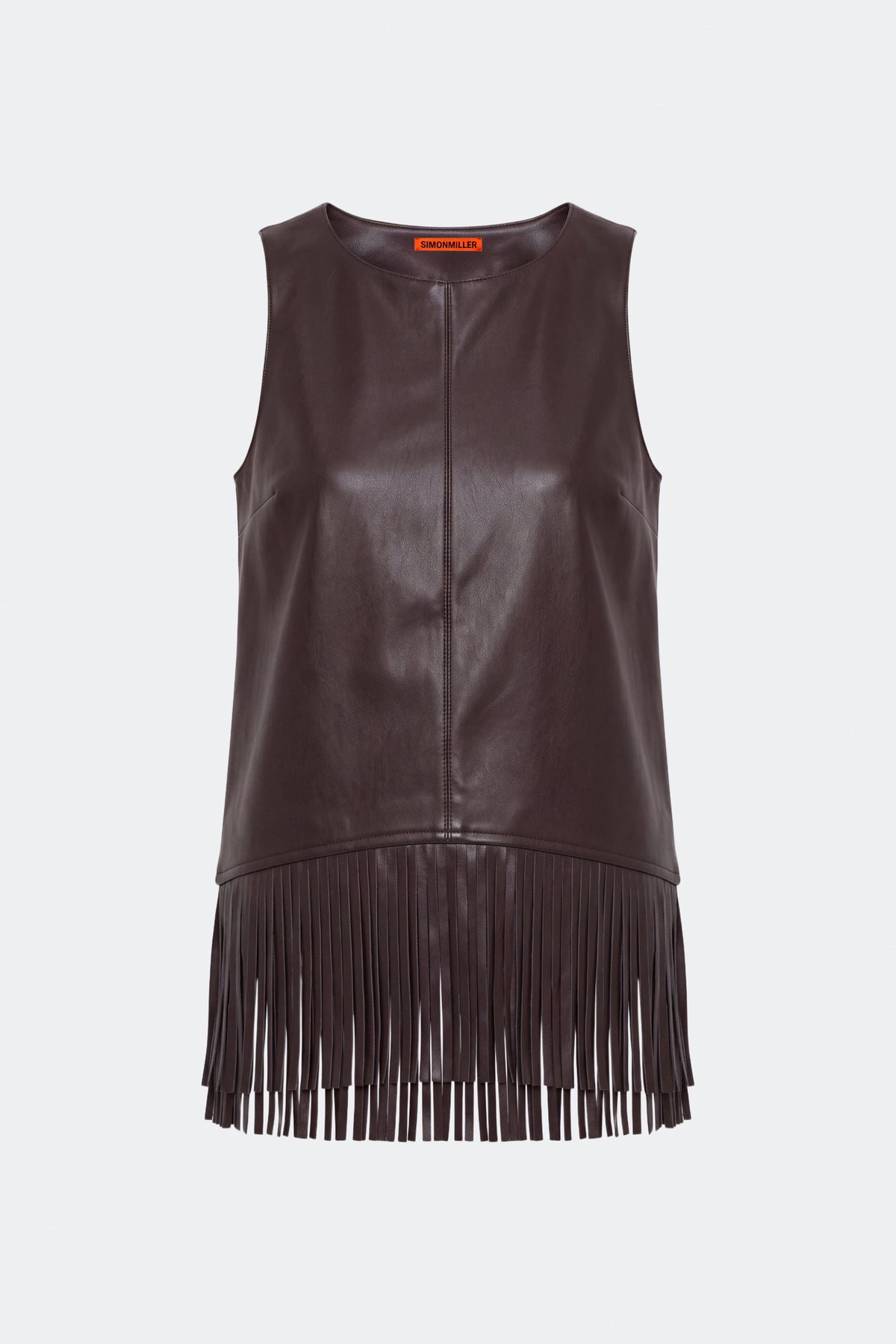 Nora Vegan Leather Fringe Top In Dark Choco Brown