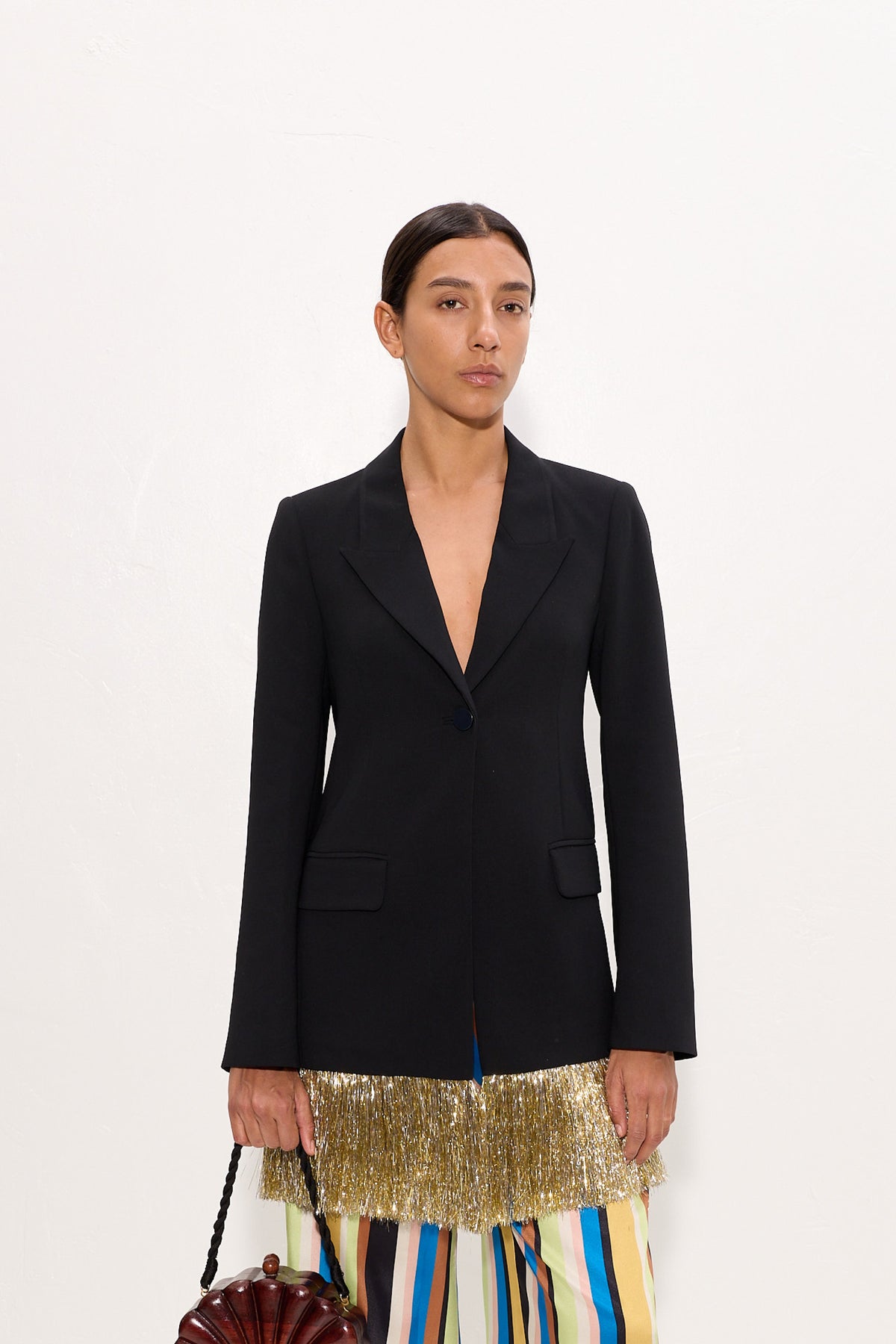Odette Crepe Fringe Blazer In Black