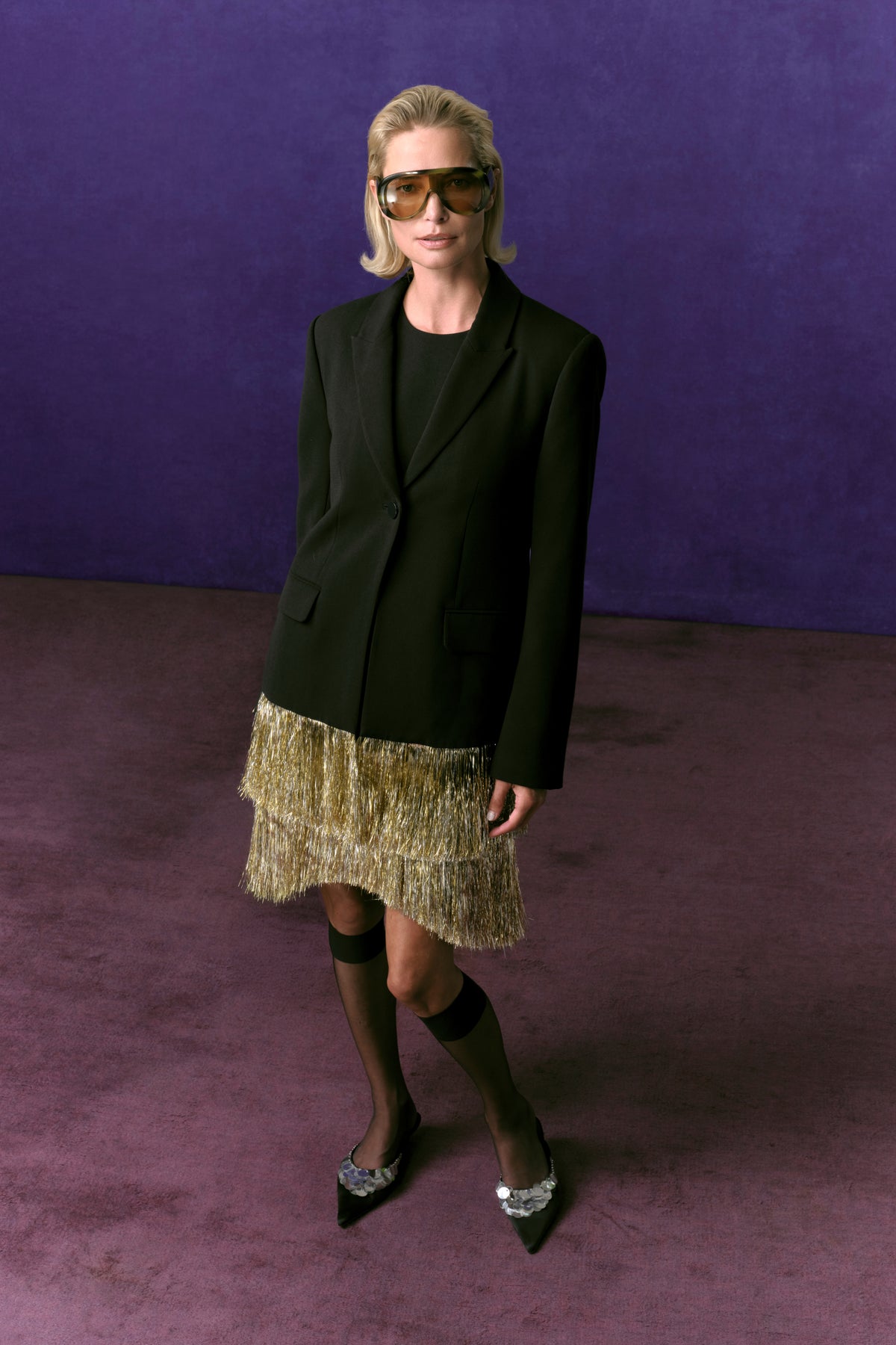 Odette Crepe Fringe Blazer In Black Tinsel