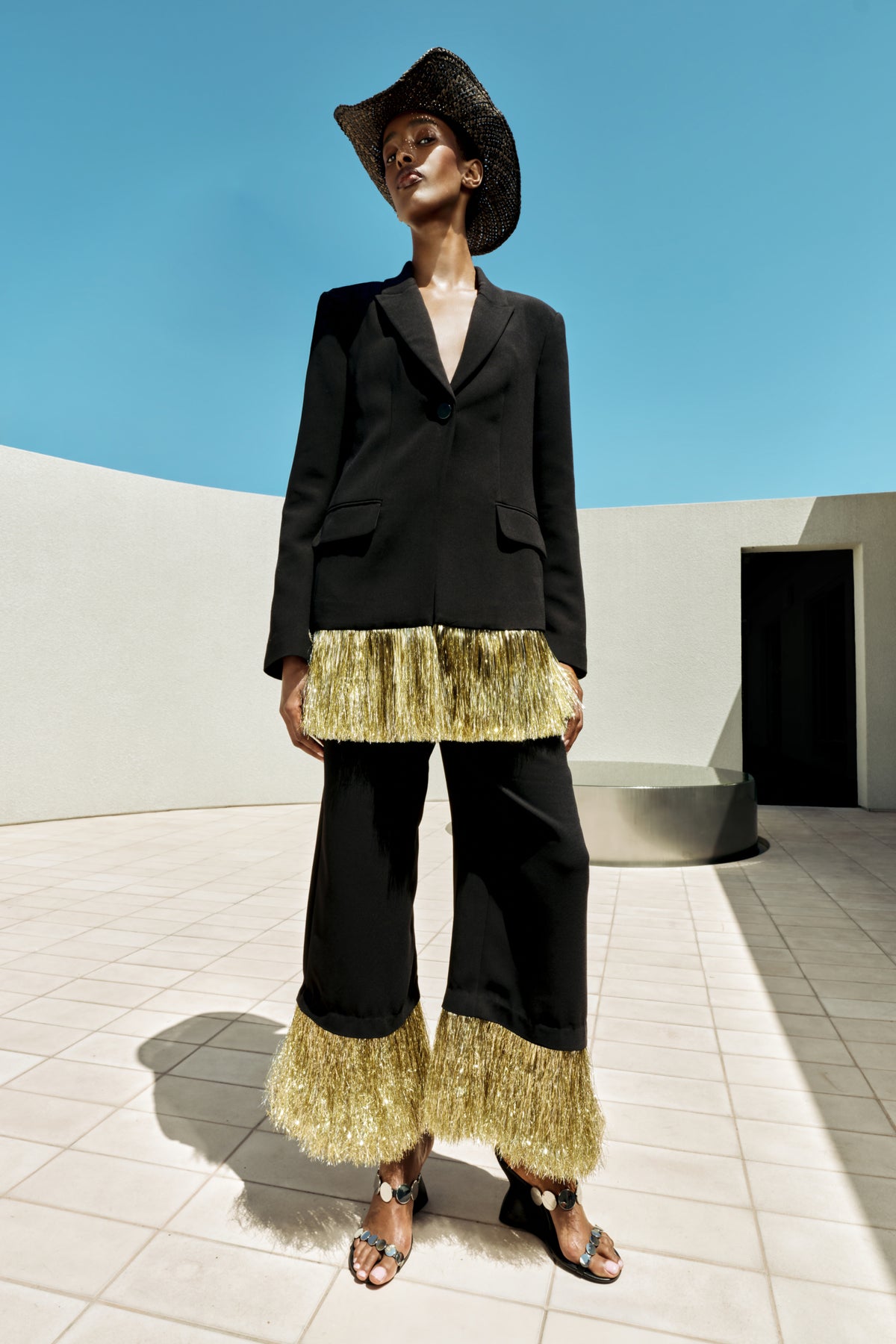 Odette Crepe Fringe Blazer In Black