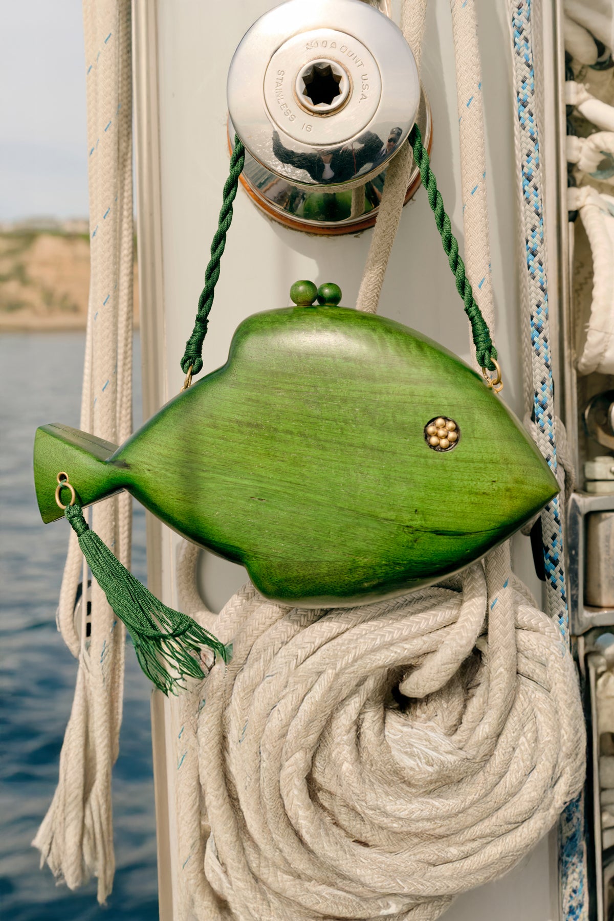 Carved Wooden Fish Clutch in Gummy Green