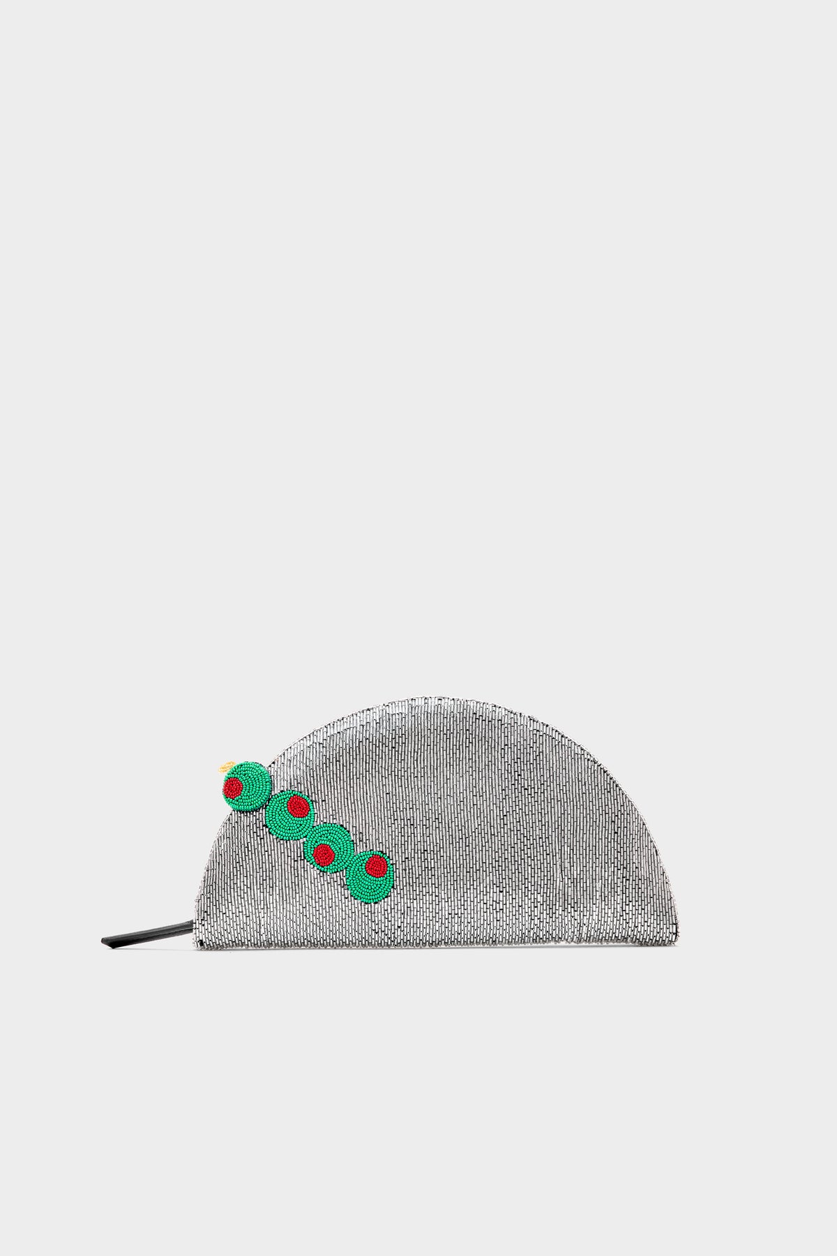 BEADED LUNE CLUTCH IN SILVER/OLIVE MOTIF
