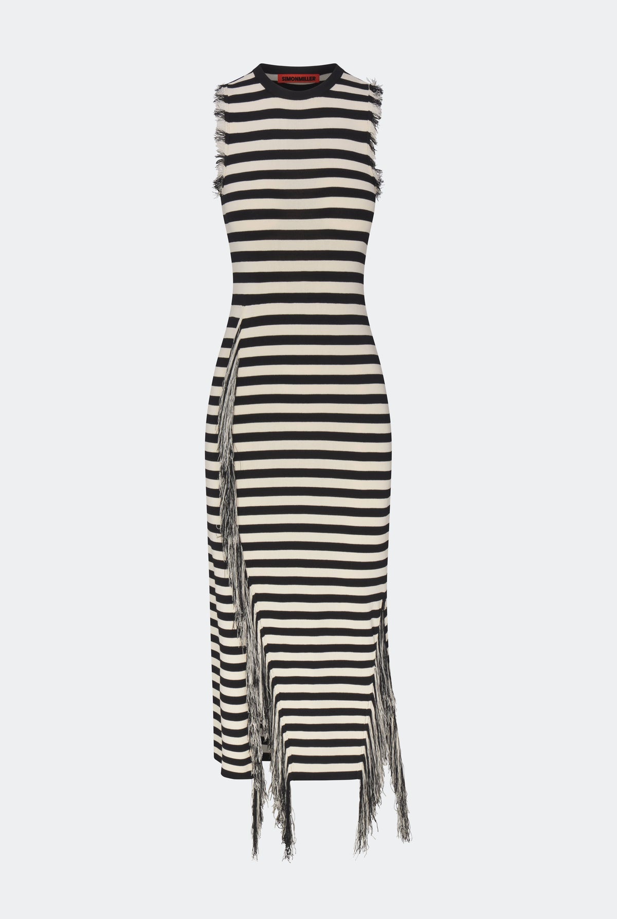 Sabine Fringe Knit Dress in Black/White Stripe