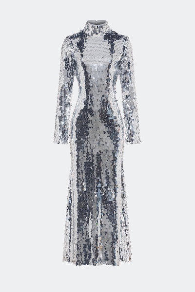 silver sequin dress midi SIMONMILLER Sculpty Sequin Dress In Satellite Silver 6 / Satellite Silver
