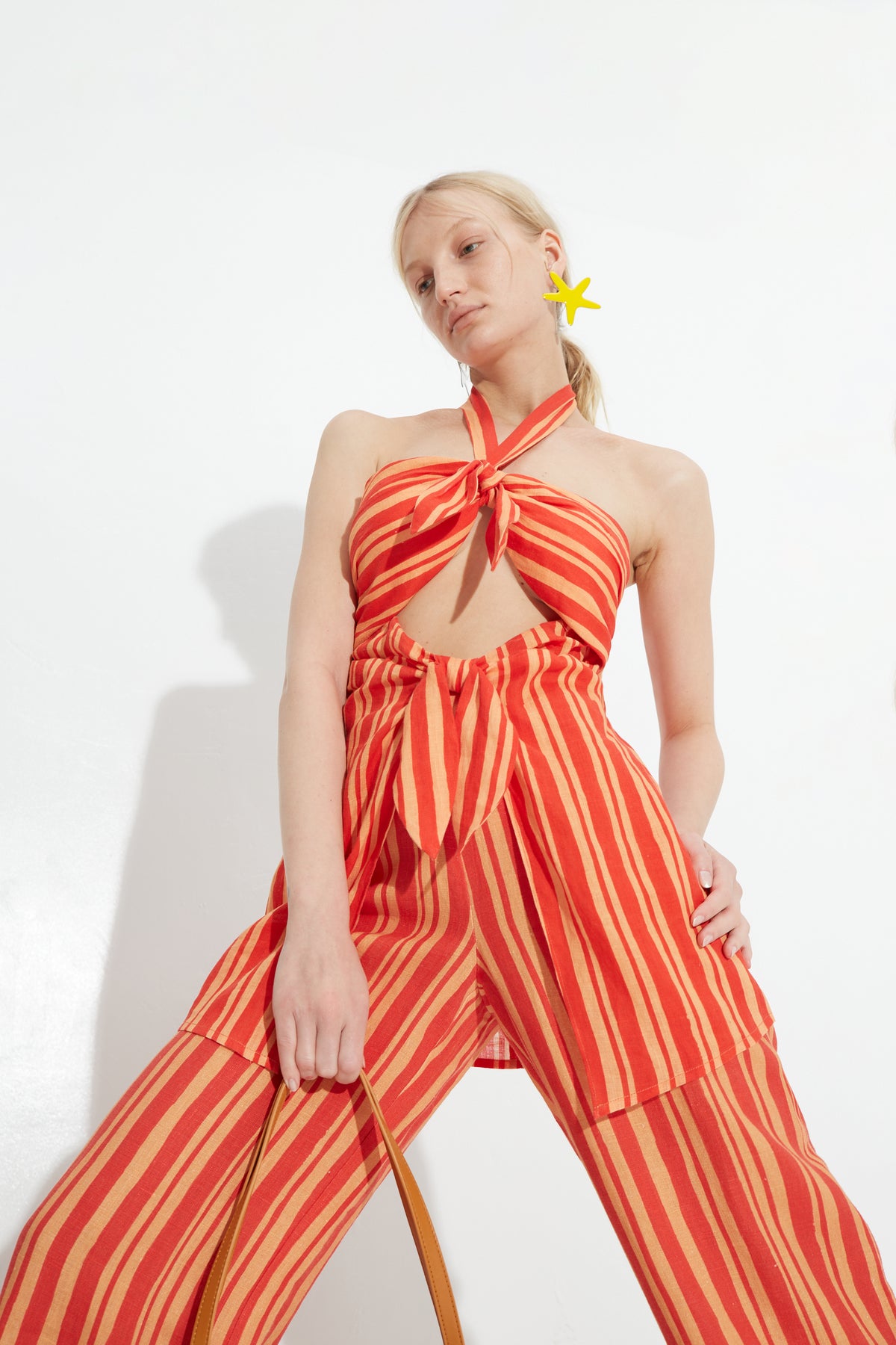 Lure Linen Top In Retro Red Orange Stripe