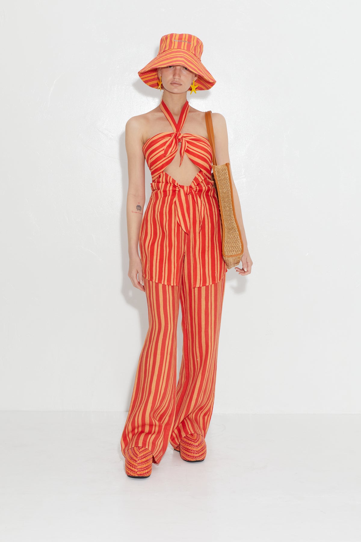 Lure Linen Top In Retro Red Orange Stripe