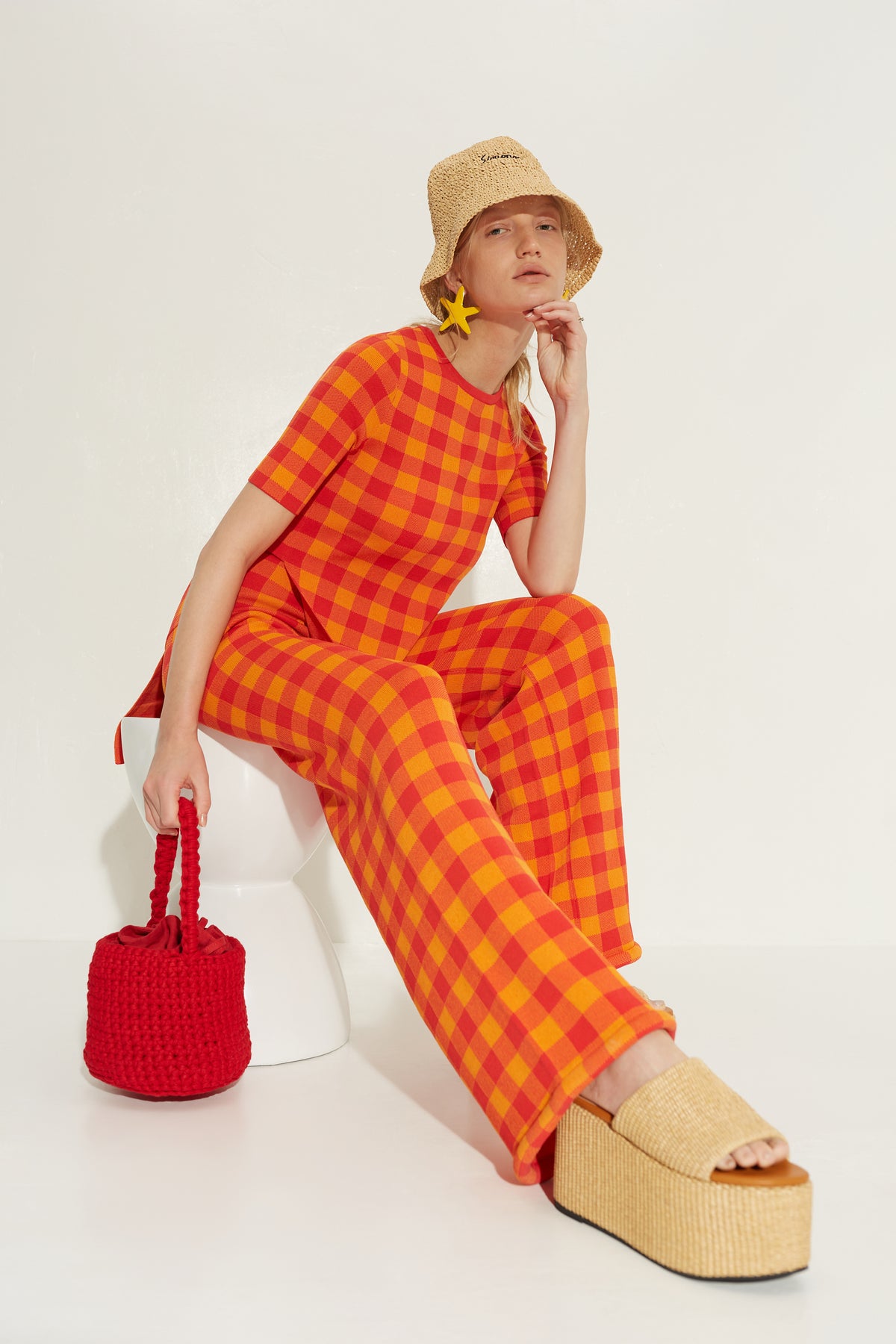 Knits By Canoga Short Sleeve Top in Retro Red Gingham