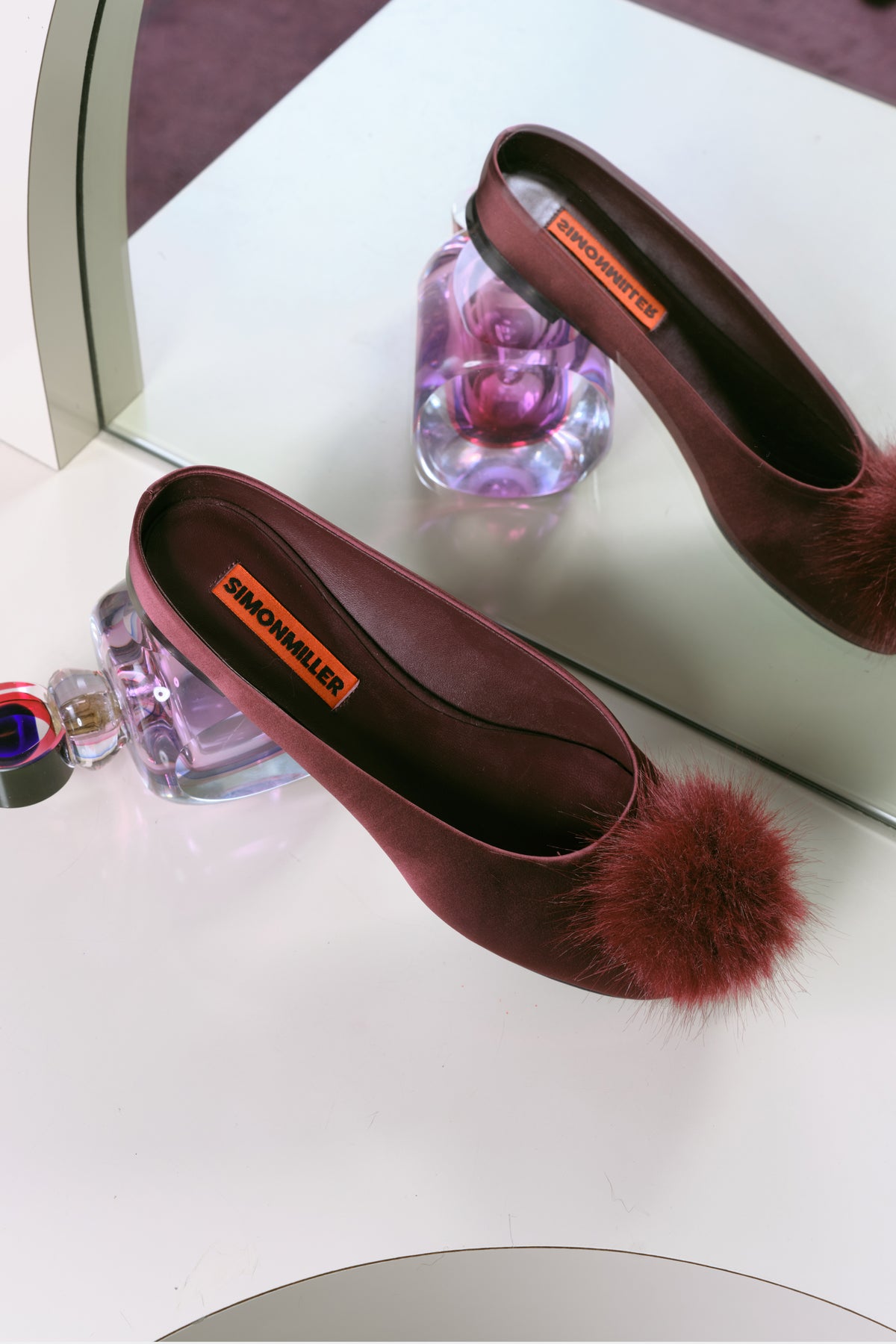 Satin Pom Pom Riad Mule In Bordeaux