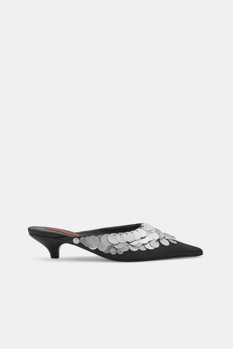 Sequin Arrow Mule In Black/Silver