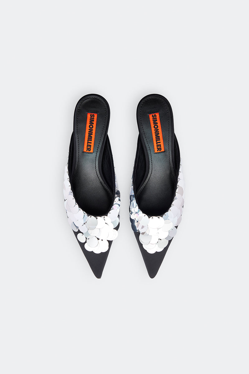 Sequin Arrow Mule In Black/Silver