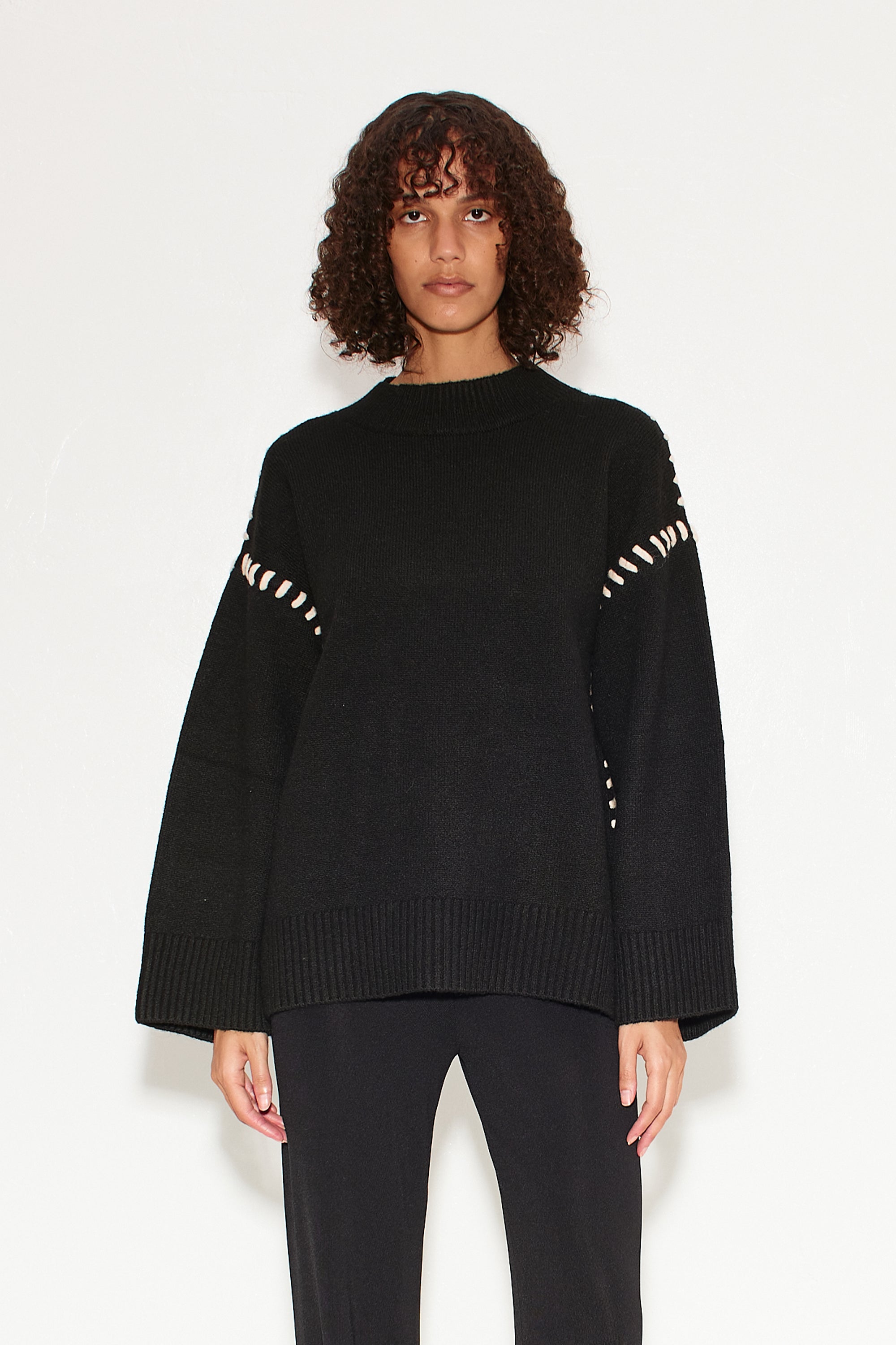 Leith Whipstitch Knit Sweater in Black with Cream SIMONMILLER Simon Miller